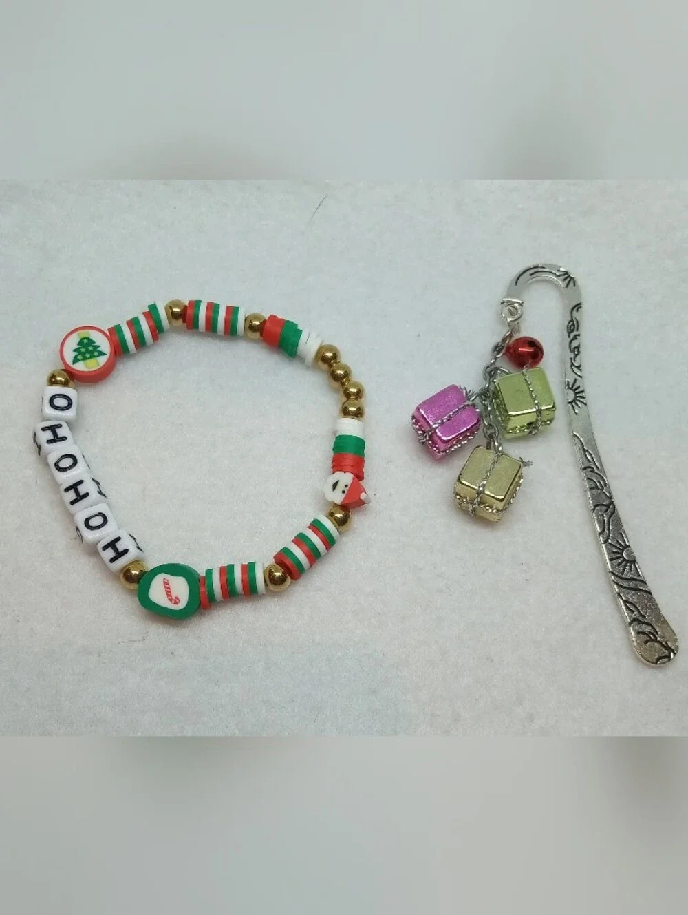 Kids Holiday Beaded Stretch Bracelet Festive Charms - And Small Metal Bookmarker